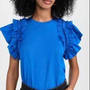 NEW EXPRESS WOMENS RIBBED RUFFLES TOP SHORT SLEEVE BRIGHT BLUE COTTON BLOUSE XS